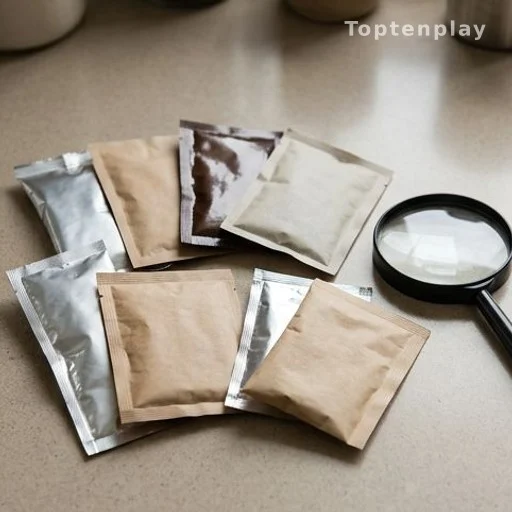 Unlabeled coffee sachets examined with a magnifying glass on a flat surface
