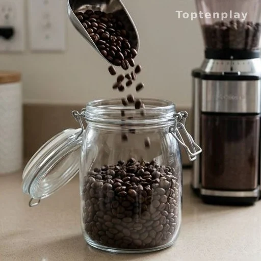 Fresh coffee beans stored in a sealed glass jar on a kitchen counter