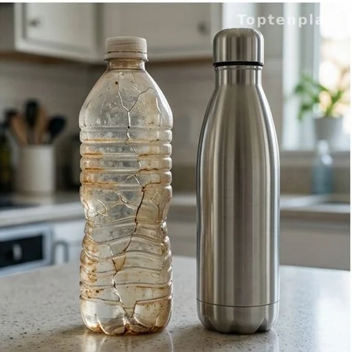 Worn cracked plastic bottle beside a clean stainless-steel reusable bottle on a kitchen counter
