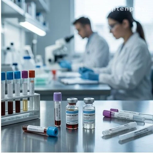 Medical laboratory workbench with diagnostic materials for liver disease testing