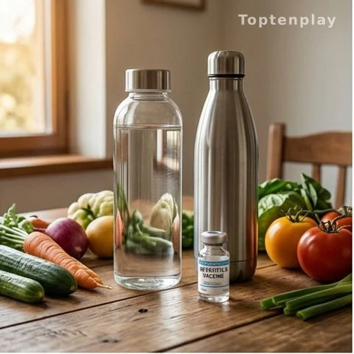 Glass and stainless-steel water bottles with vegetables and a vaccine vial illustrating liver health prevention