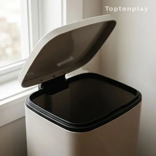 Kitchen trash bin with lid slightly open showing food waste inside