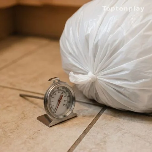 Kitchen thermometer next to a sealed trash bag illustrating warm conditions