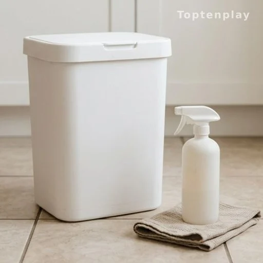 Clean kitchen bin with natural cleaning products ready for maintenance