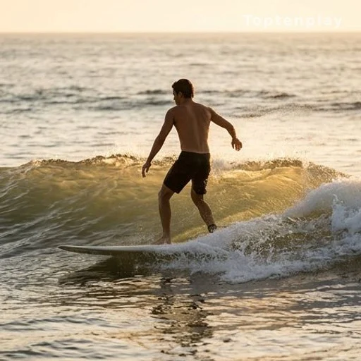 Young man surfing on a California beach, Malibu upbringing