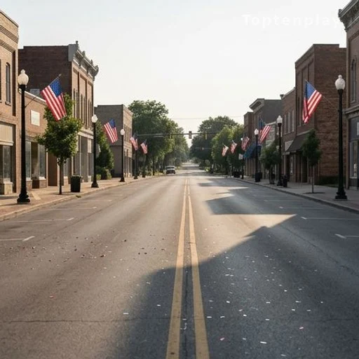 Empty small-town parade street with American flags, scene of a child abduction case