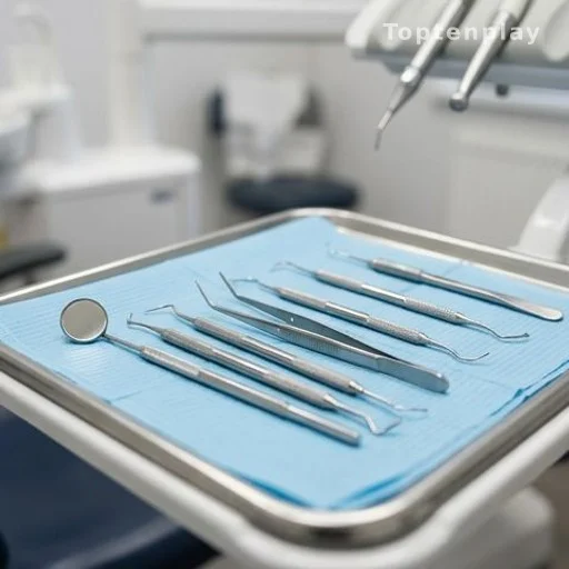 Dental tools on a sterile tray in a clinic, illustrating a free dental procedure