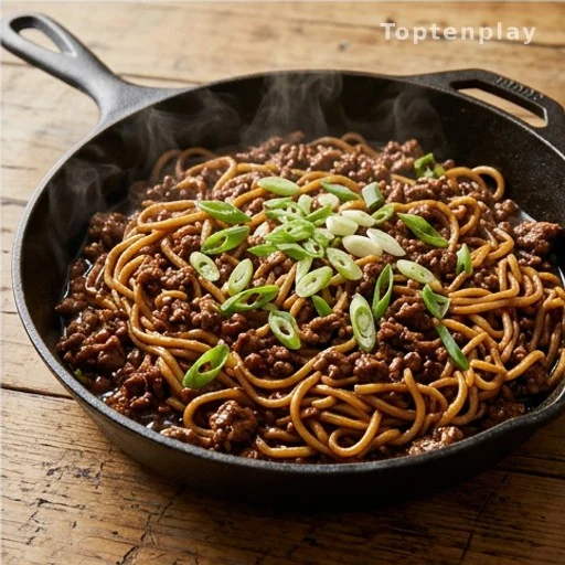 Mongolian ground beef noodles in a skillet garnished with green onions