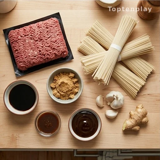 Six core ingredients for ground beef noodles laid out on a kitchen counter