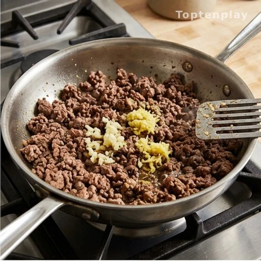 Lean ground beef browning with garlic and ginger in a skillet