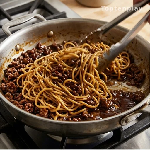 Noodles tossed in umami sauce with ground beef in a one-pan weeknight recipe