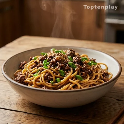 Steaming bowl of Mongolian ground beef noodles with glossy soy glaze