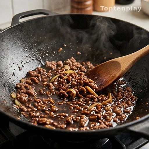 Glossy soy and brown sugar glaze coating ground beef in a hot wok