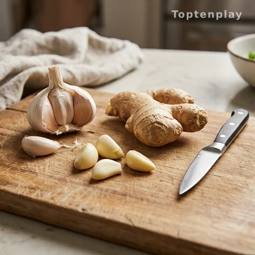 Fresh garlic and ginger root on cutting board, key ingredients for heart-healthy cooking