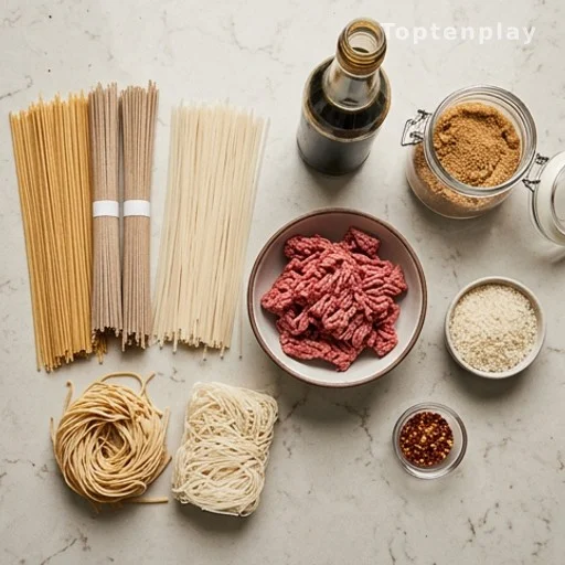 Mongolian noodle recipe ingredients including ground beef, soy sauce, and noodle varieties