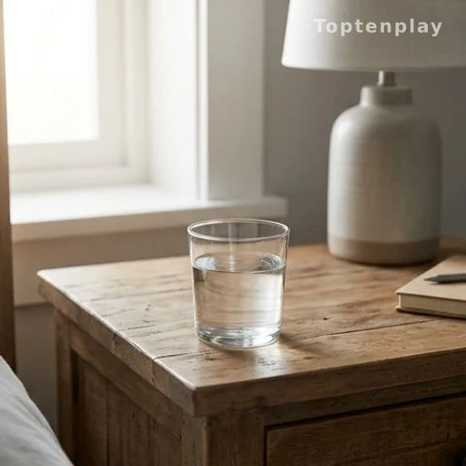 Glass of water on bedside table in morning light, daily hydration habit