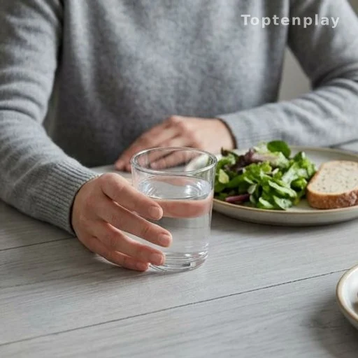 Hands holding water glass before a meal, weight management and hydration