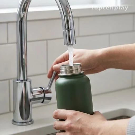 Reusable water bottle being filled at tap, daily hydration health habit