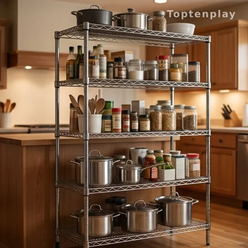 Heavy-duty wire metal rack standing in a residential kitchen