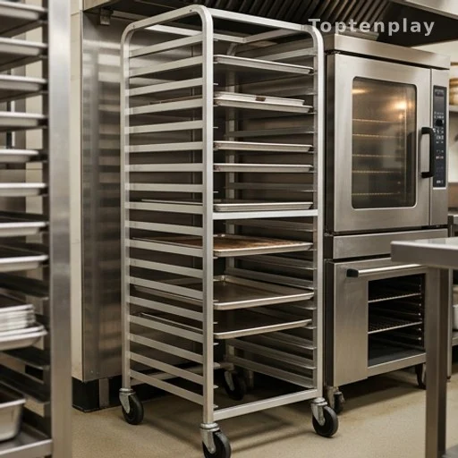 Commercial bakery speed rack on wheels next to a kitchen oven