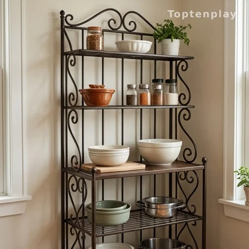 Wrought iron baker's rack with shelves in a home kitchen storage setting