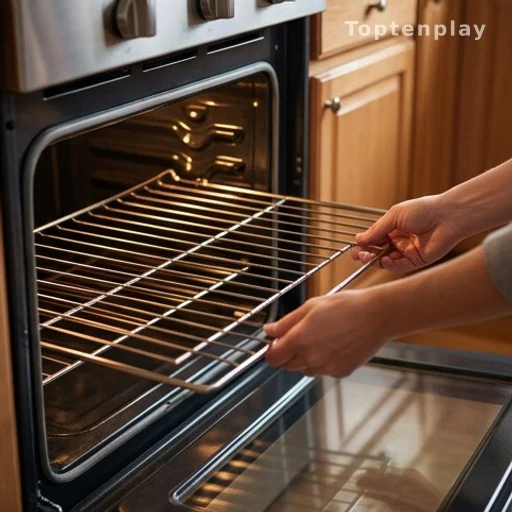 Metal oven rack being slid into a standard home oven