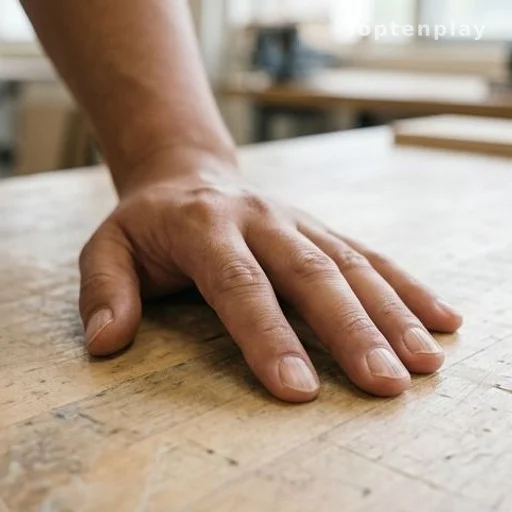 Adult hand with visible vertical nail ridges on a wooden surface