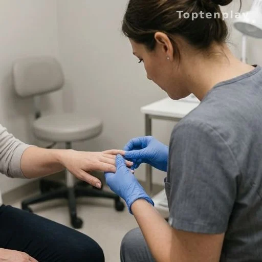 Healthcare professional examining a patient's fingernails in a clinical setting