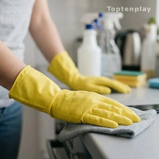 Person wearing protective gloves while cleaning to protect nail health