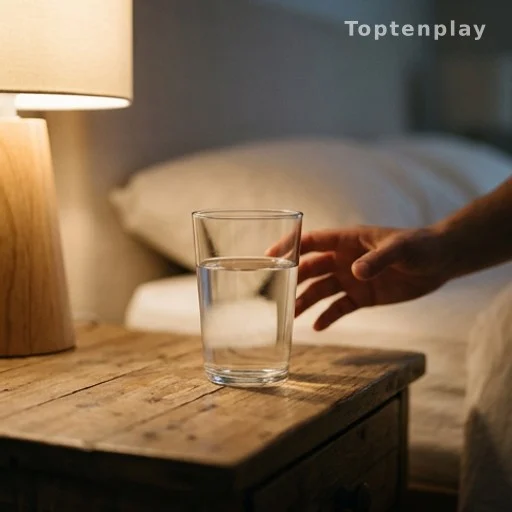 Glass of water on bedside table for nighttime hydration and muscle cramp prevention