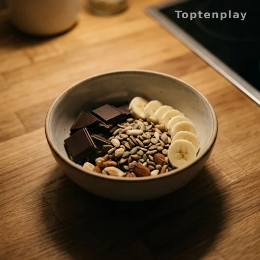 Magnesium-rich snack with dark chocolate banana and seeds for muscle health before bed