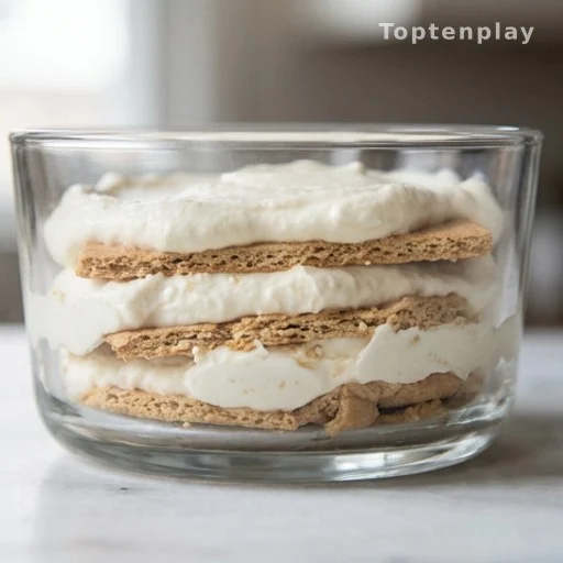 Cross-section of a layered no-bake éclair cake showing cream and graham cracker layers