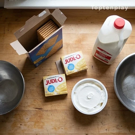No-bake éclair cake ingredients laid out on a kitchen counter including pudding mix and graham crackers