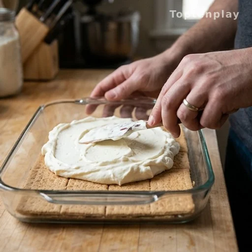 Hands spreading vanilla pudding filling over graham cracker layer in a glass dish