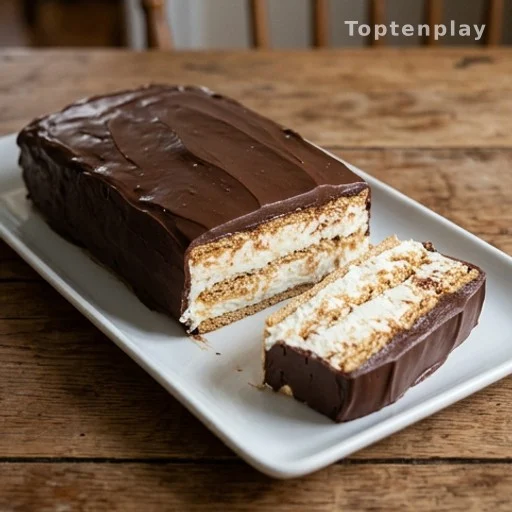 Sliced no-bake chocolate éclair cake with dark frosting and creamy vanilla layers on a serving dish