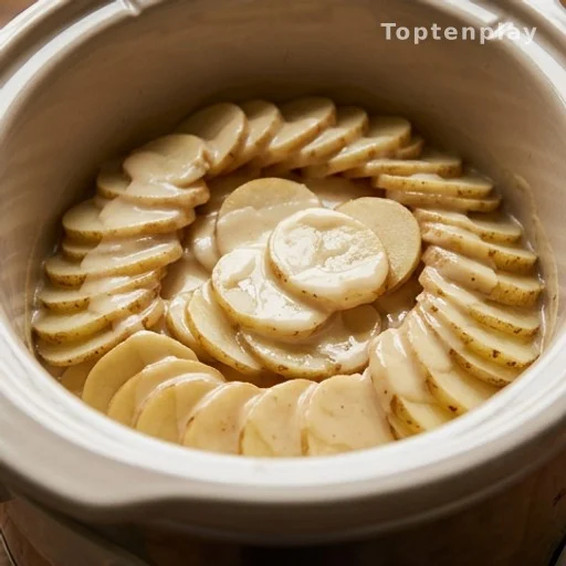 Thinly sliced potatoes in a slow cooker with creamy starch-thickened sauce