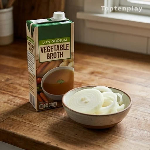 Low-sodium broth carton and fresh onions for a heart-healthy scalloped potato recipe
