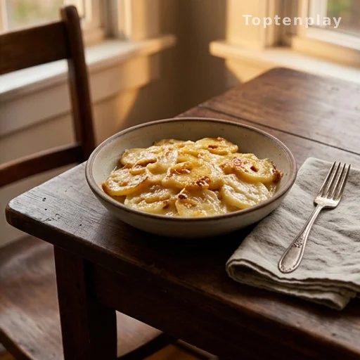 Single serving of slow cooker scalloped potatoes plated for a solo home-cooked dinner