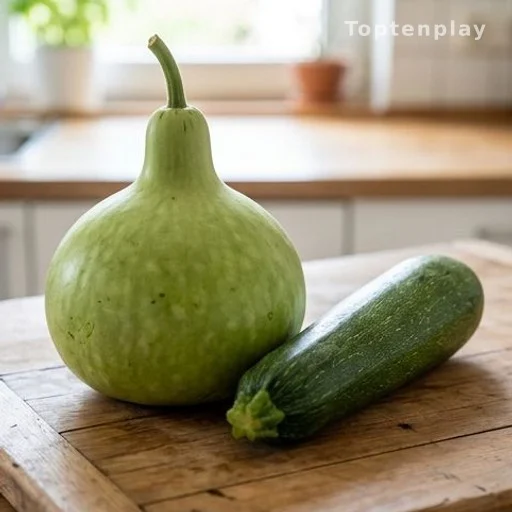 Bottle gourd and zucchini on a wooden kitchen surface