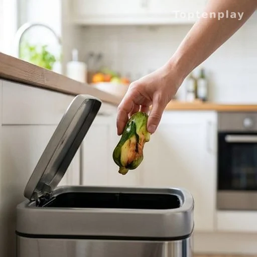 Hand discarding a vegetable into a kitchen bin