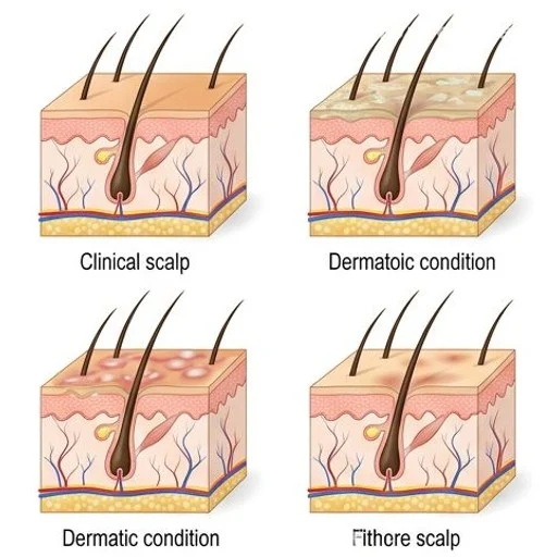 Medical illustration of scalp skin conditions including seborrheic dermatitis and folliculitis