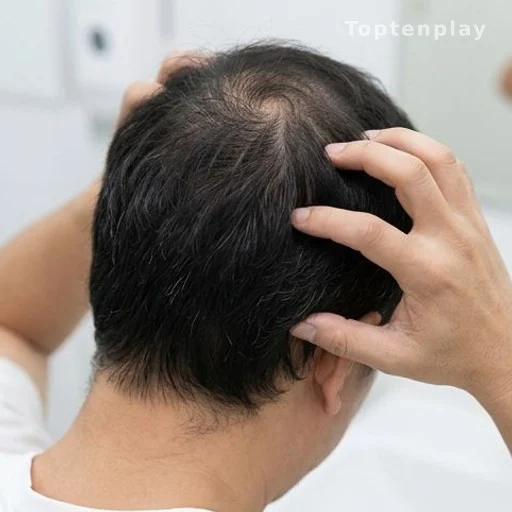 Person touching scalp area showing signs of irritation, dermatology consultation context