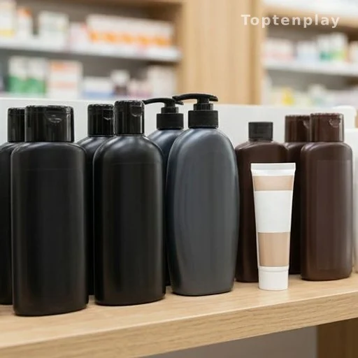 Over-the-counter scalp treatment shampoos and antibiotic cream on a pharmacy shelf