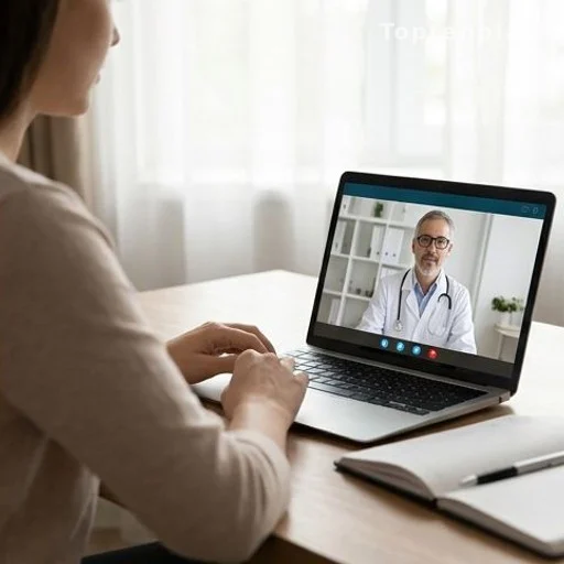 Patient using laptop for virtual dermatology consultation while waiting for clinic appointment