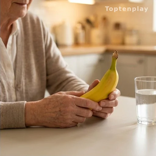 Older adult holding a banana at kitchen table, vitamin B6 and mood health