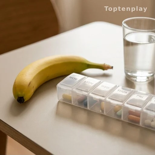 Banana beside a medication pill organizer, health exceptions for older adults