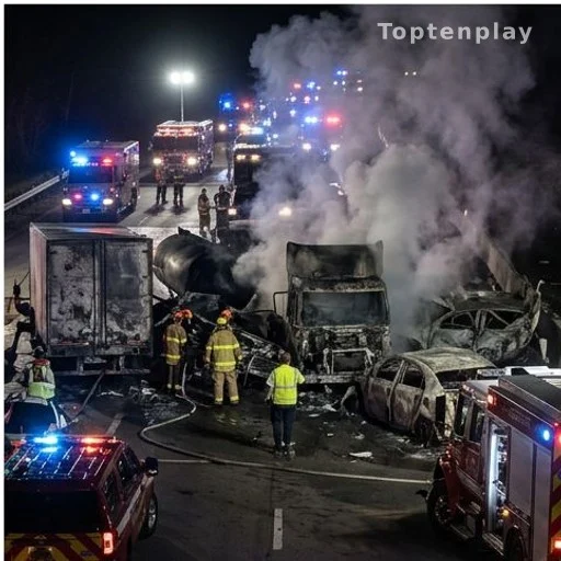 Emergency crews responding to a deadly highway pile-up at dawn with burning vehicles