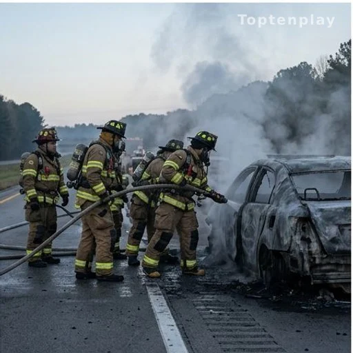 Firefighters in protective gear working to extinguish burning wreckage at accident site
