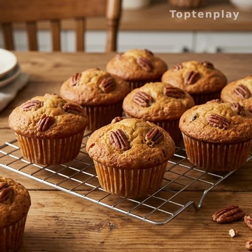 Freshly baked pecan pie muffins cooling on a wire rack