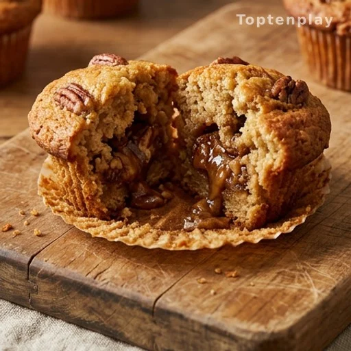 Split pecan pie muffin showing caramelized crust and gooey interior